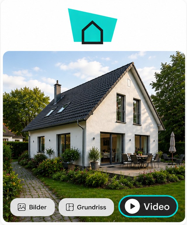 Portalansicht eines Einfamilienhauses mit den Medienoptionen Bilder, Grundriss und Video