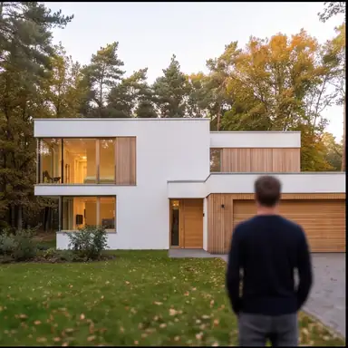 Villa mit Person im Vordergrund