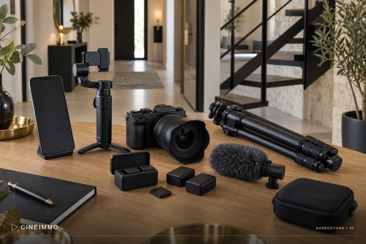 Ausrüstung für ein Immobilienvideo mit Smartphone Kamera Gimbal und Mikrofon