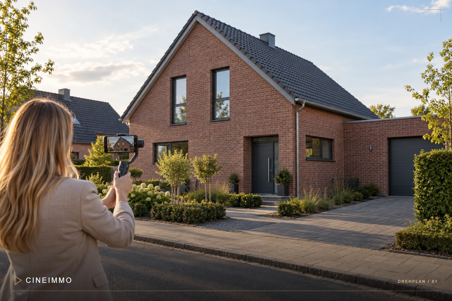 Ein Immobilienmakler filmt ein modernes deutsches Klinkerhaus mit dem Smartphone