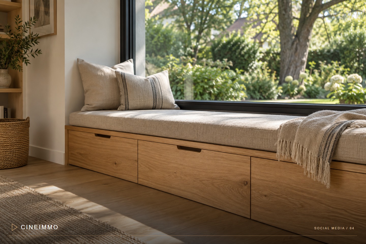 Hölzerner Fensterplatz mit Sitzpolster als Detailmotiv einer Immobilie