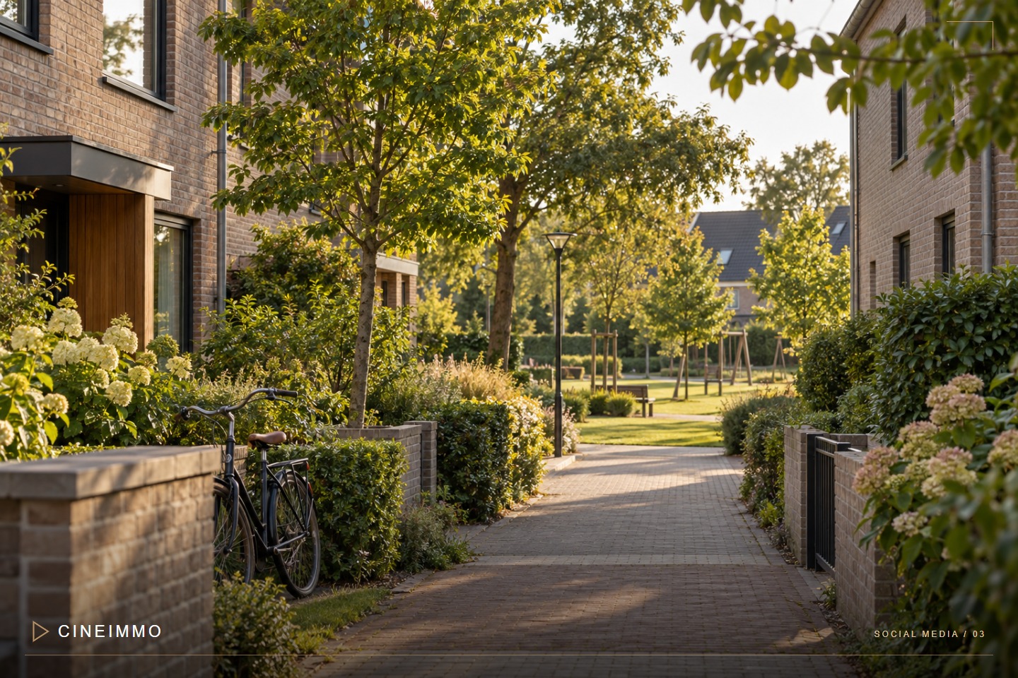 Grüne Wohnstraße mit Fußweg und Backsteinhäusern als Illustration eines Lage-Reels