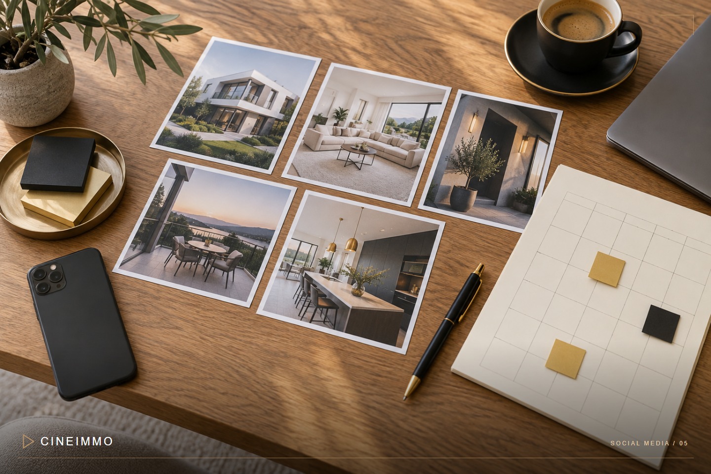 Objektfotos und ein Kalender auf einem Tisch zur Planung von Immobilien-Reels
