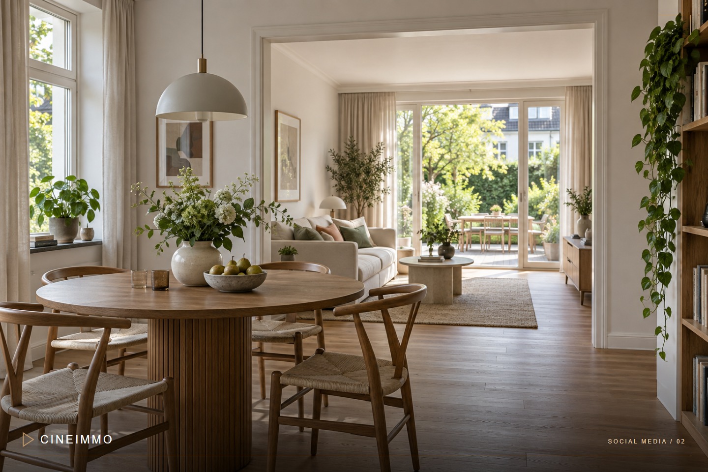 Blick vom Essbereich durch das Wohnzimmer zur Terrasse