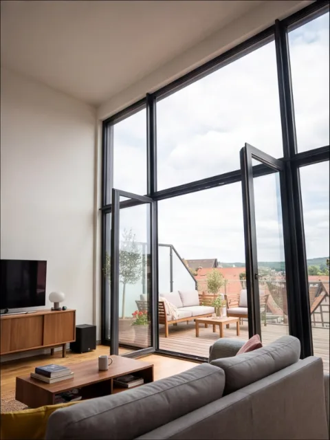 Wohnzimmer mit großer Fensterfront