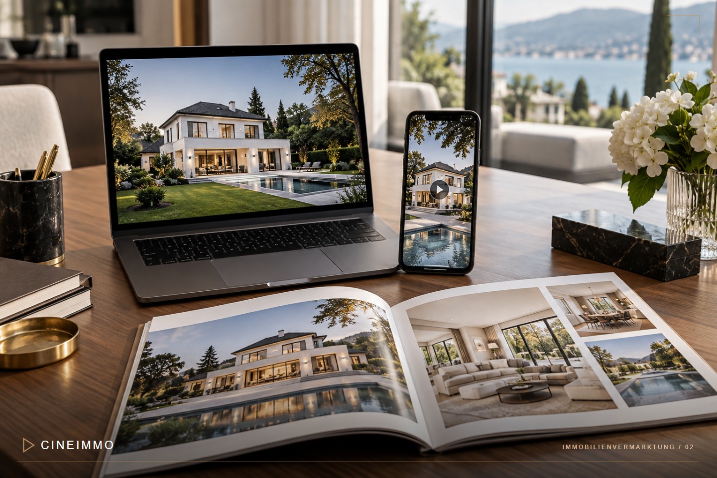 Immobilienpräsentation auf Laptop, Smartphone und im gedruckten Exposé