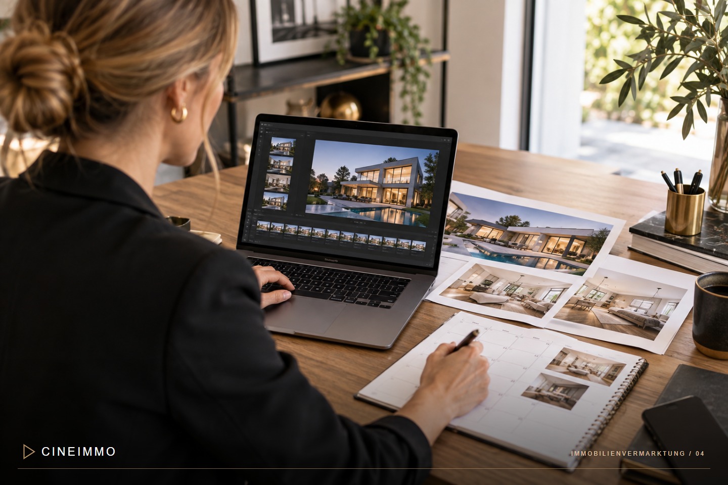 Maklerin plant eine Immobilienkampagne mit Fotos und Film