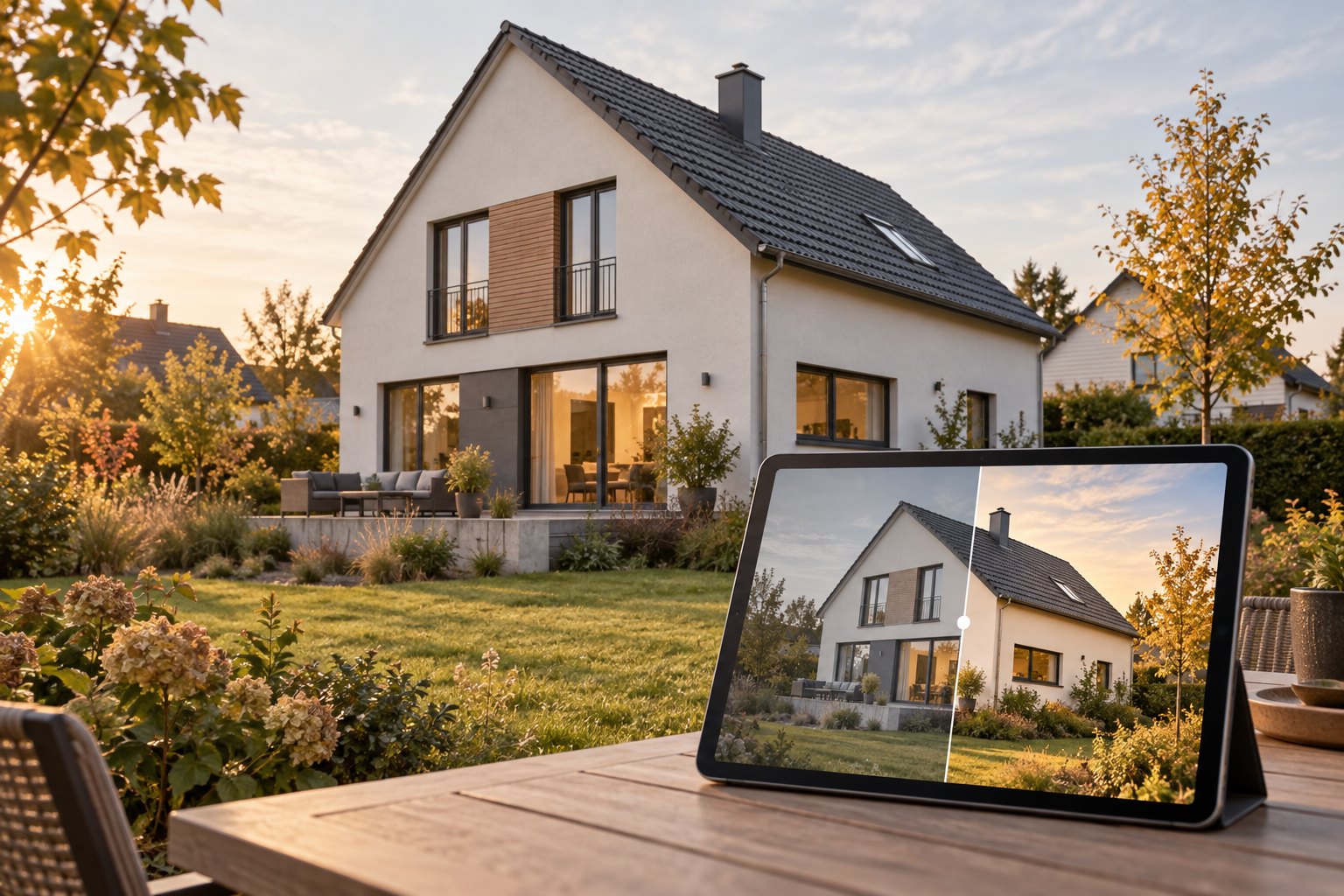Deutsches Einfamilienhaus und Tablet mit einem fotografischen Bearbeitungsvergleich