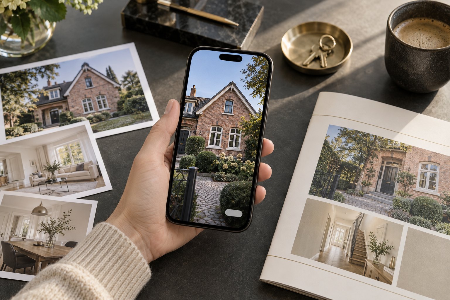 Smartphone mit einem Immobilienvideo und dezentem Kennzeichnungsfeld neben Objektfotos